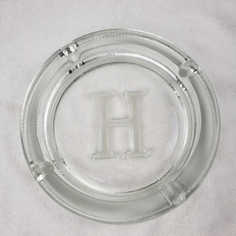 Vintage Monogram H Clear Glass Ashtray Heavy Ribbed Edge 4 Slot Round 7.75 Inch